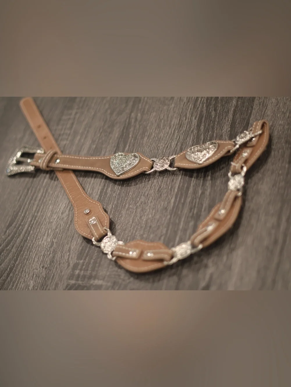 Western Concho Heart Belt Brown Faux Leather Silver Engraved Buckle Boho Cowgirl